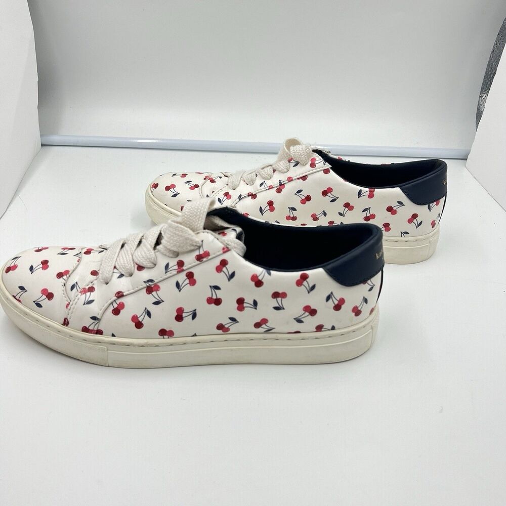 White Cherry-Print Low-Top Sneakers with Navy Heel Accent